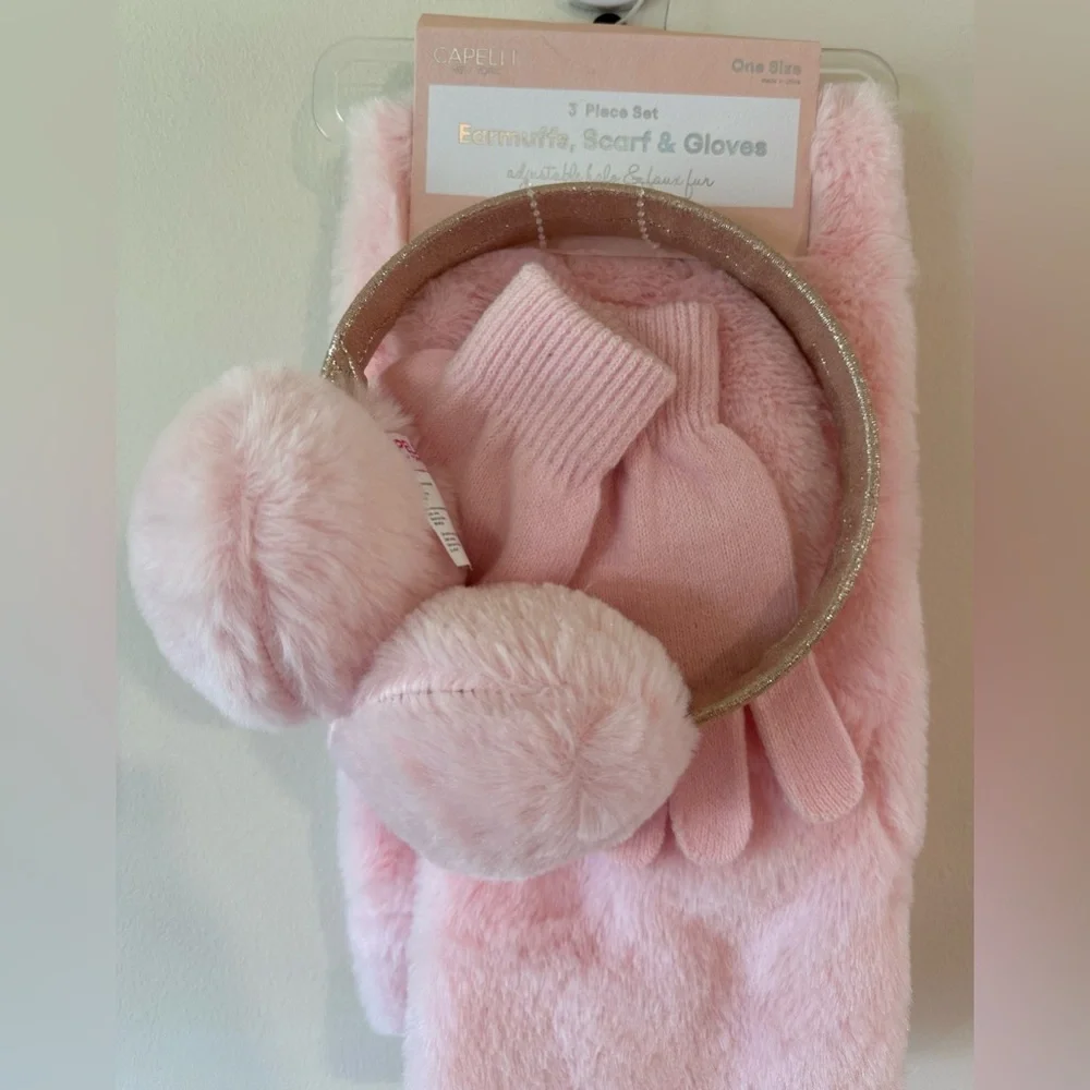 Capelli of New York Girls Pink 3 Piece Set Earmuffs/Scarf/Gloves NWT One…